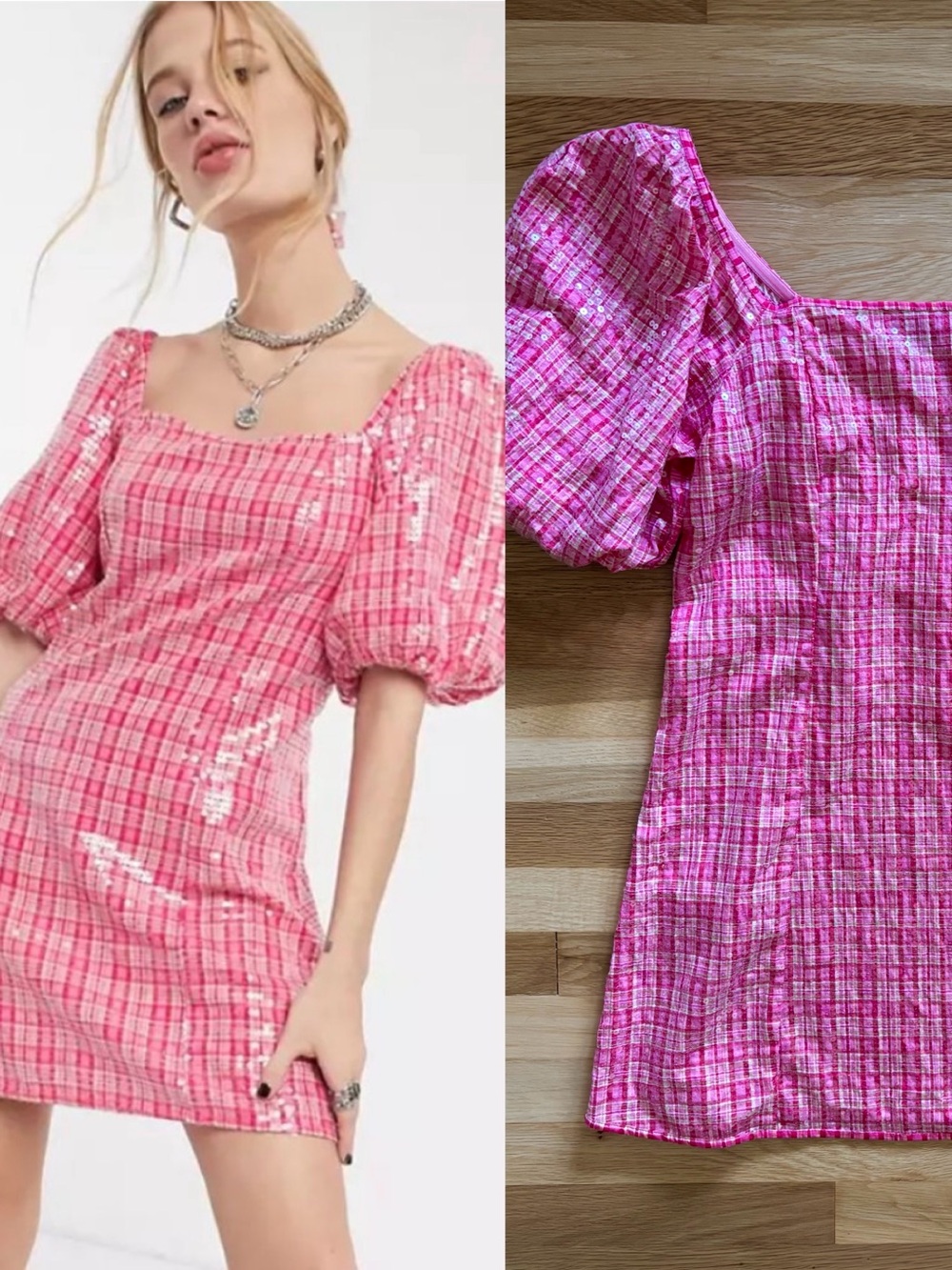 Reclaimed Vintage Hot Pink Sequin Puff Sleeve Party Dress - Size 10